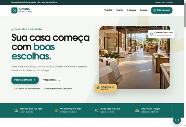 Captura real da página inicial de Arvona Home Center em mockup de notebook